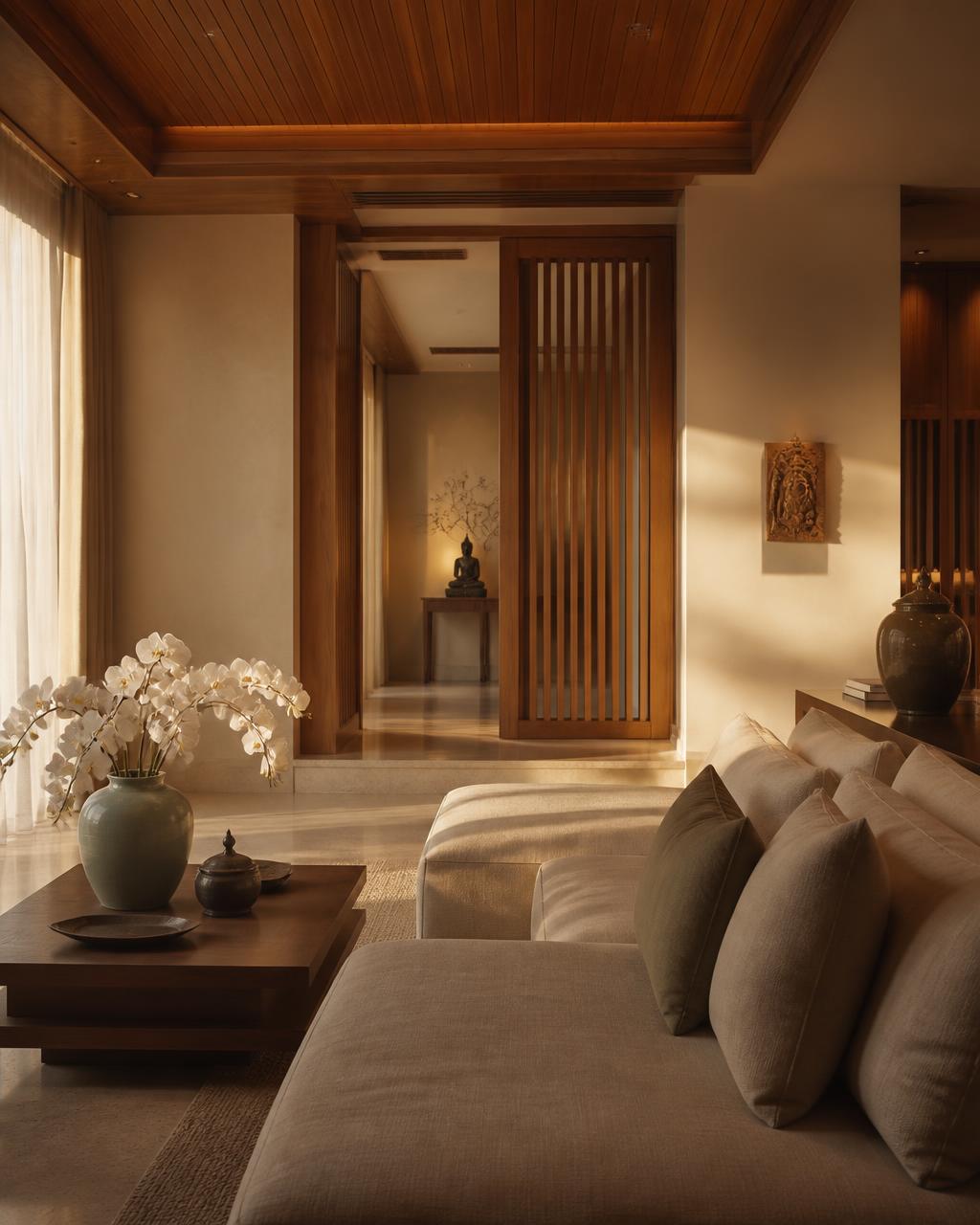 Warm teak and linen interior of a private residence in Bangkok at golden hour