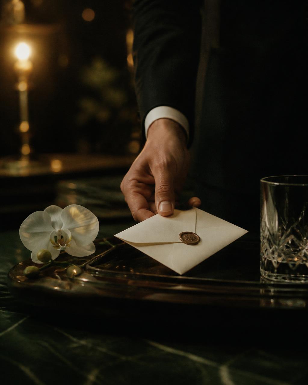 Concierge presenting a wax-sealed envelope on a lacquered tray