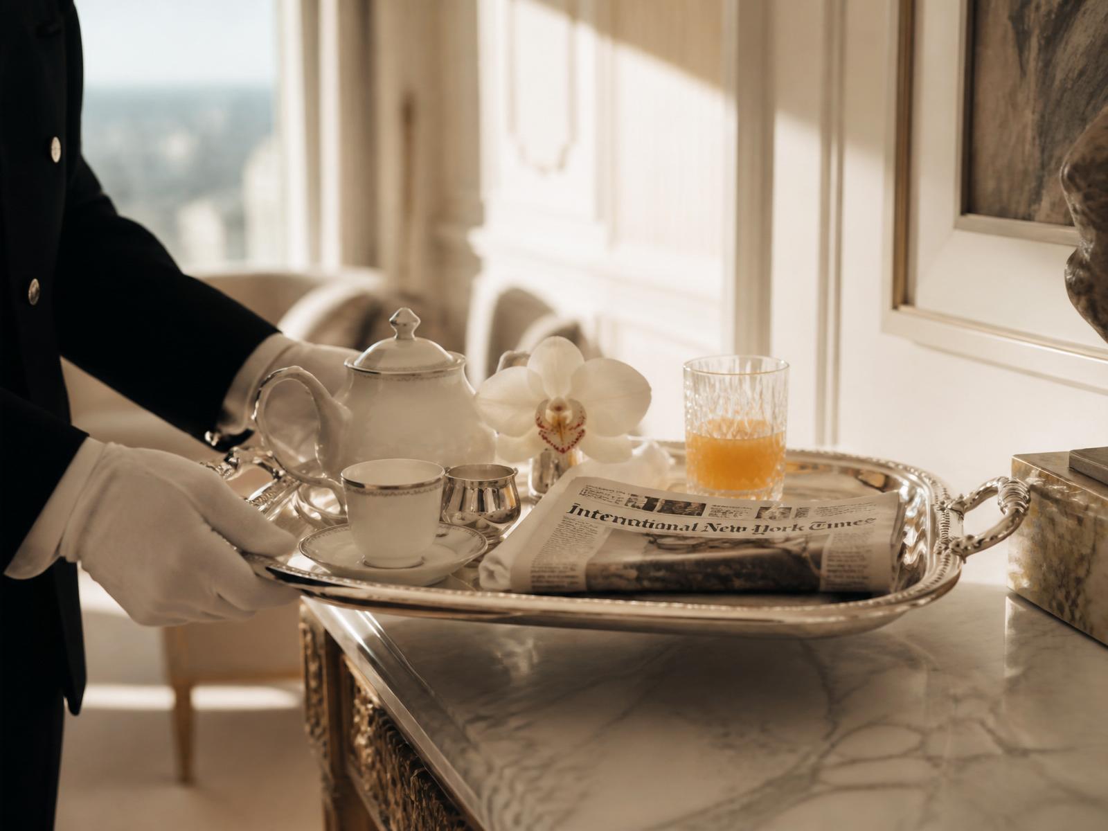 White-gloved butler presenting a silver breakfast tray in a sunlit penthouse