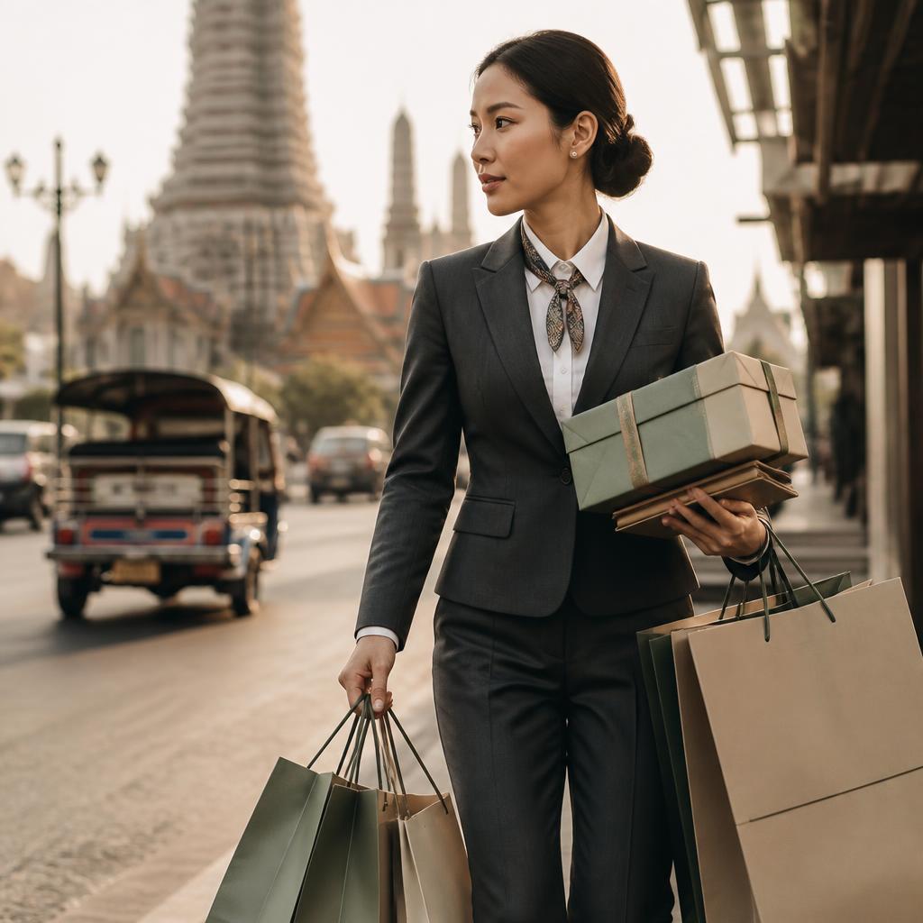 Elegant personal assistant in tailored suit carrying boutique bags and a wrapped gift through Bangkok