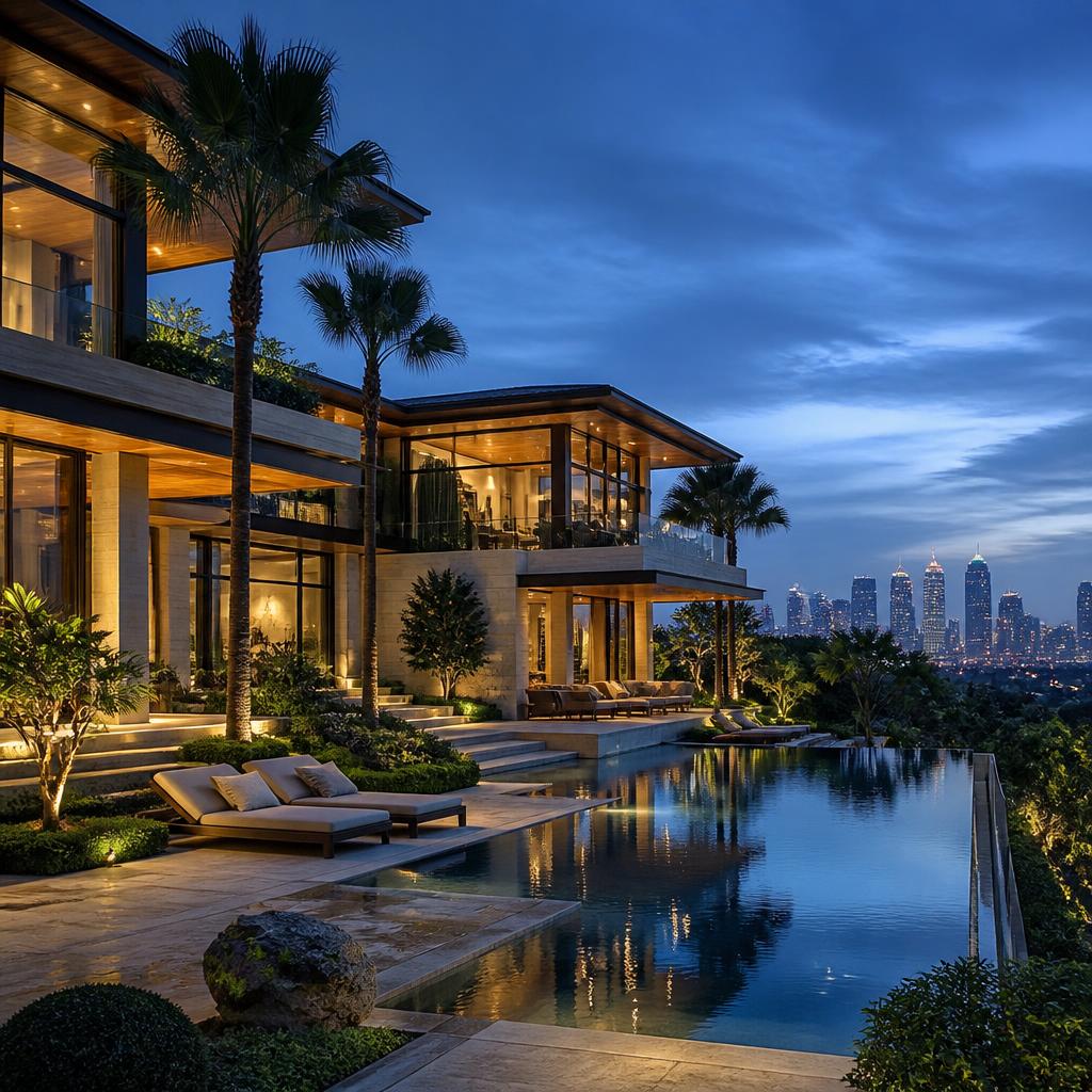 Ultra-luxury private mansion with infinity pool overlooking the Bangkok skyline at blue hour